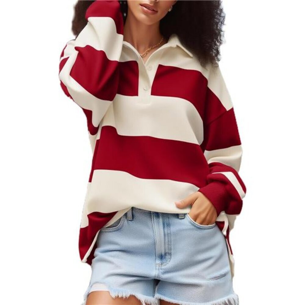 Polo Rugby Shirt Women Red White Long Sleeve Striped Oversized